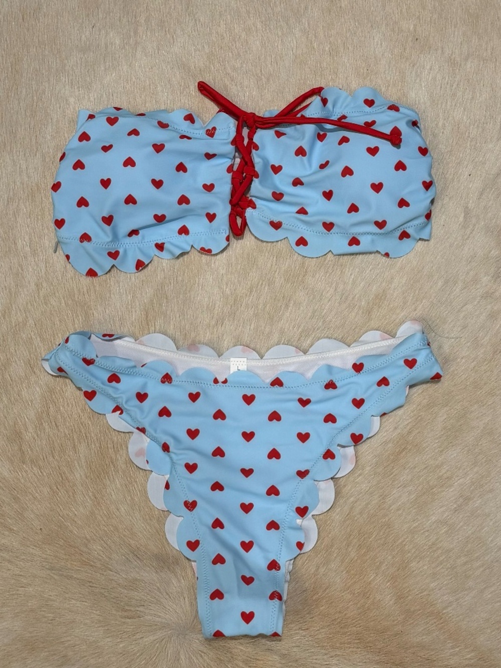 SHEIN Light Blue Bandeau Bikini with Red Heart Print Sz Large NWOT